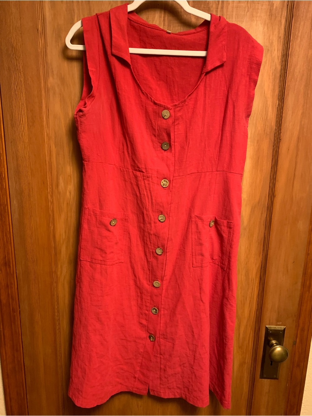 Cap sleeve, Red Button-Front Midi Dress with Patch Pockets